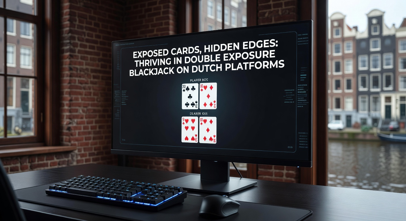 Een levendige blackjacktafel met beide dealerkaarten zichtbaar in Double Exposure-stijl, spelers analyseren hun opties zorgvuldig terwijl fiches gestapeld liggen