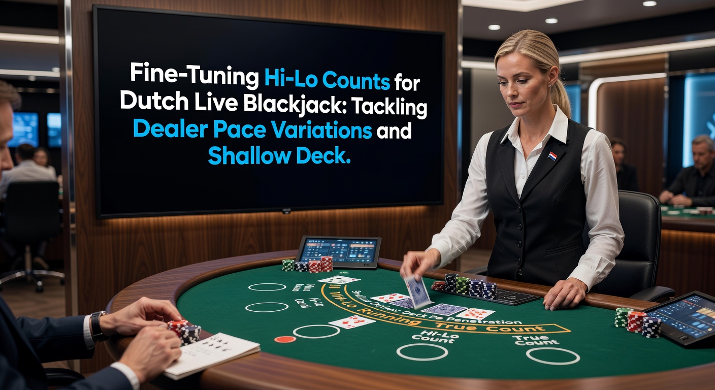 Live dealer aan een Nederlands blackjack tafels die kaarten dealt, met overlay van Hi-Lo count tracker en deck penetratie indicator