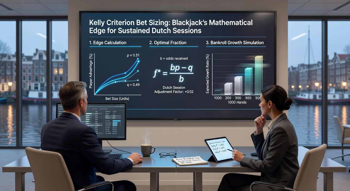 Grafiek die de Kelly Criterion-formule illustreert in een blackjack-context met groeiende bankrollcurves over tijd