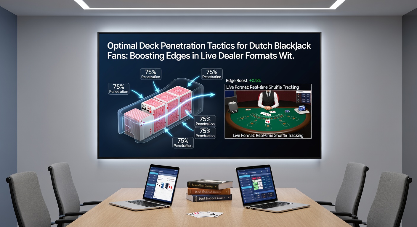 Live dealer aan blackjacktafel met zichtbare schoen en cut-card positie, illustrerend diepe deckpenetratie in een online sessie