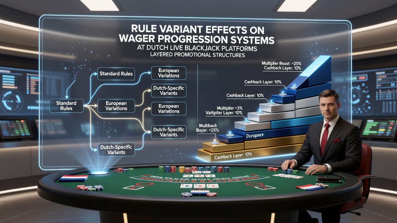 Live blackjack tafel met variërende regels en inzetprogressie indicatoren