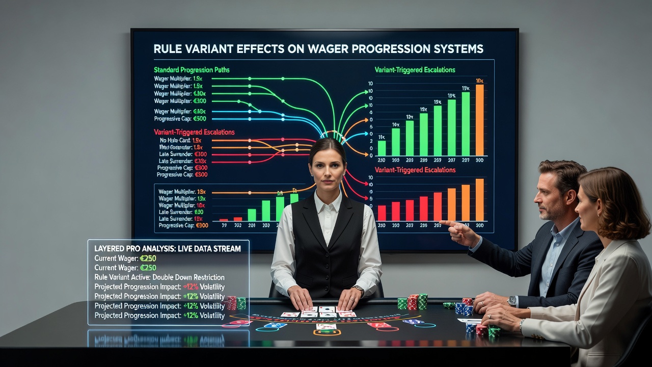 Grafiek van inzetprogressie bij verschillende blackjack regelvarianten en bonusstructuren