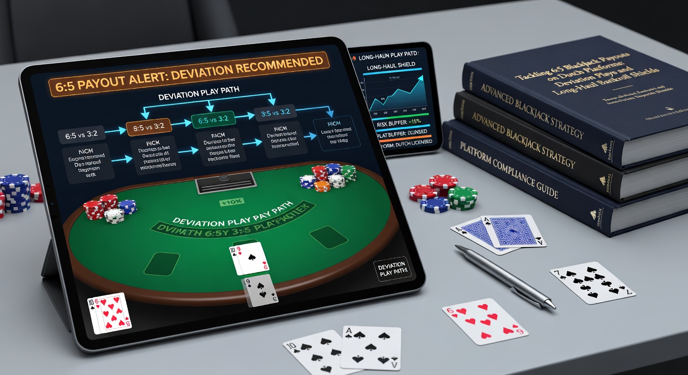 Een blackjacktafel met focus op uitbetalingsschermen die 6:5 tonen, typisch voor Nederlandse online platforms