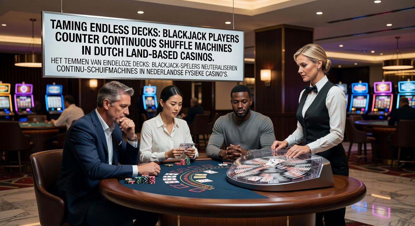 Blackjacktafel met continue shuffle machine in een Nederlands landcasino, waar kaarten continu worden geschud