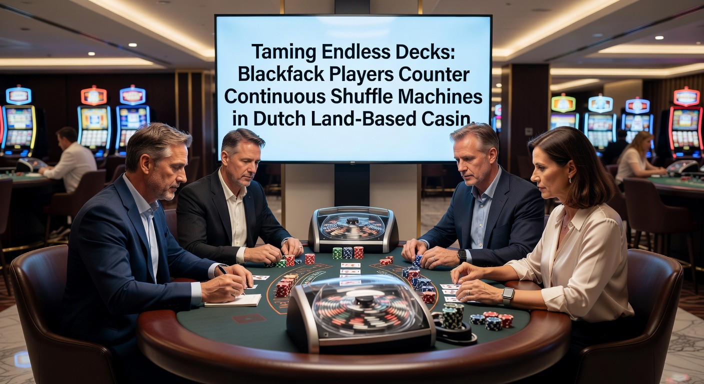 Groep blackjackspelers analyseert een CSM aan een tafel in een bruisend Nederlands casino
