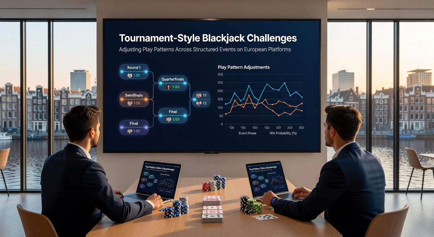 Blackjack toernooi tafel met spelers die hun inzetten aanpassen tijdens een gestructureerd Europees evenement